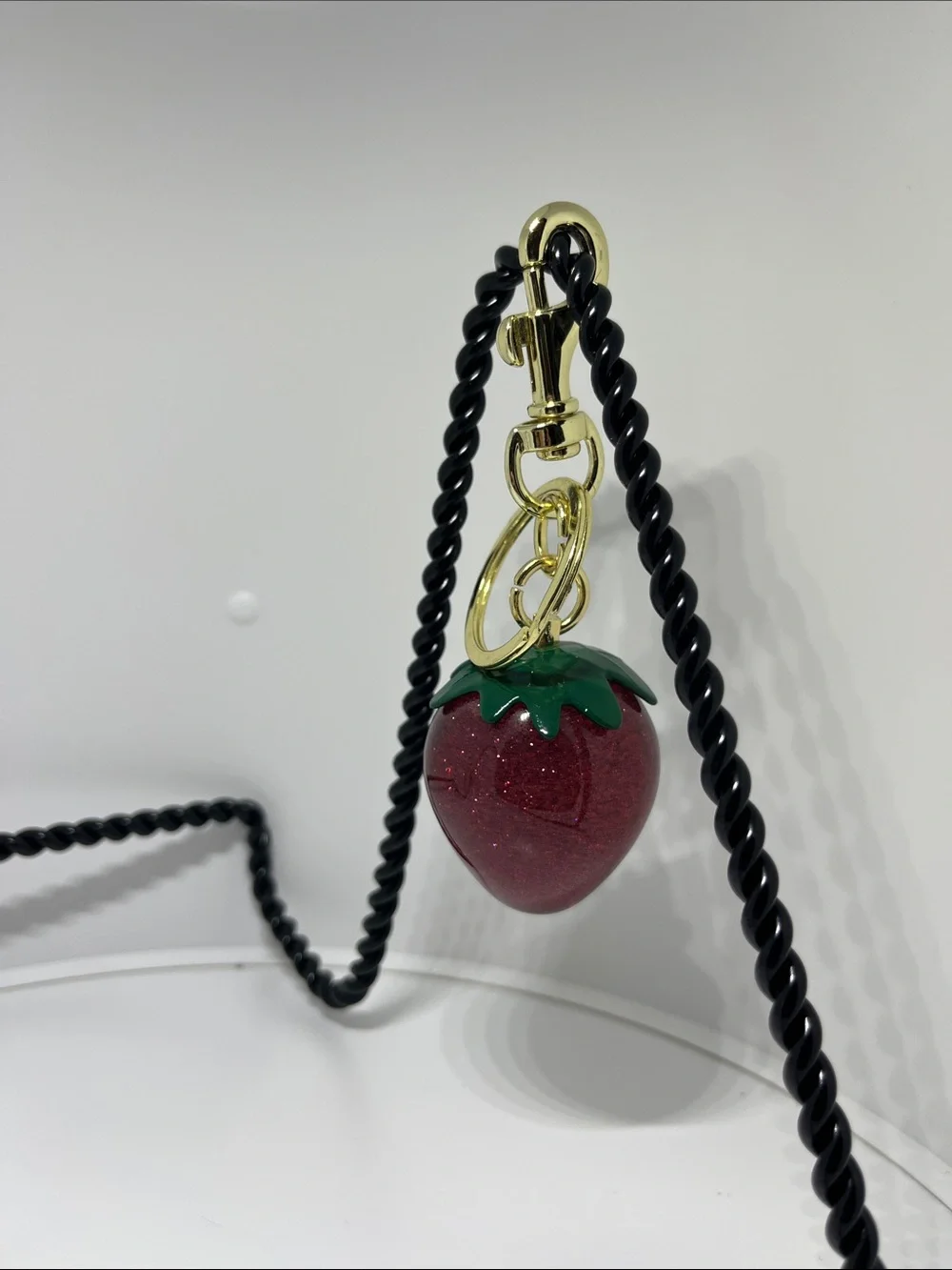 Strawberry Charm Pendant Keychain - Red-burgundy & Green with Gold Hardware